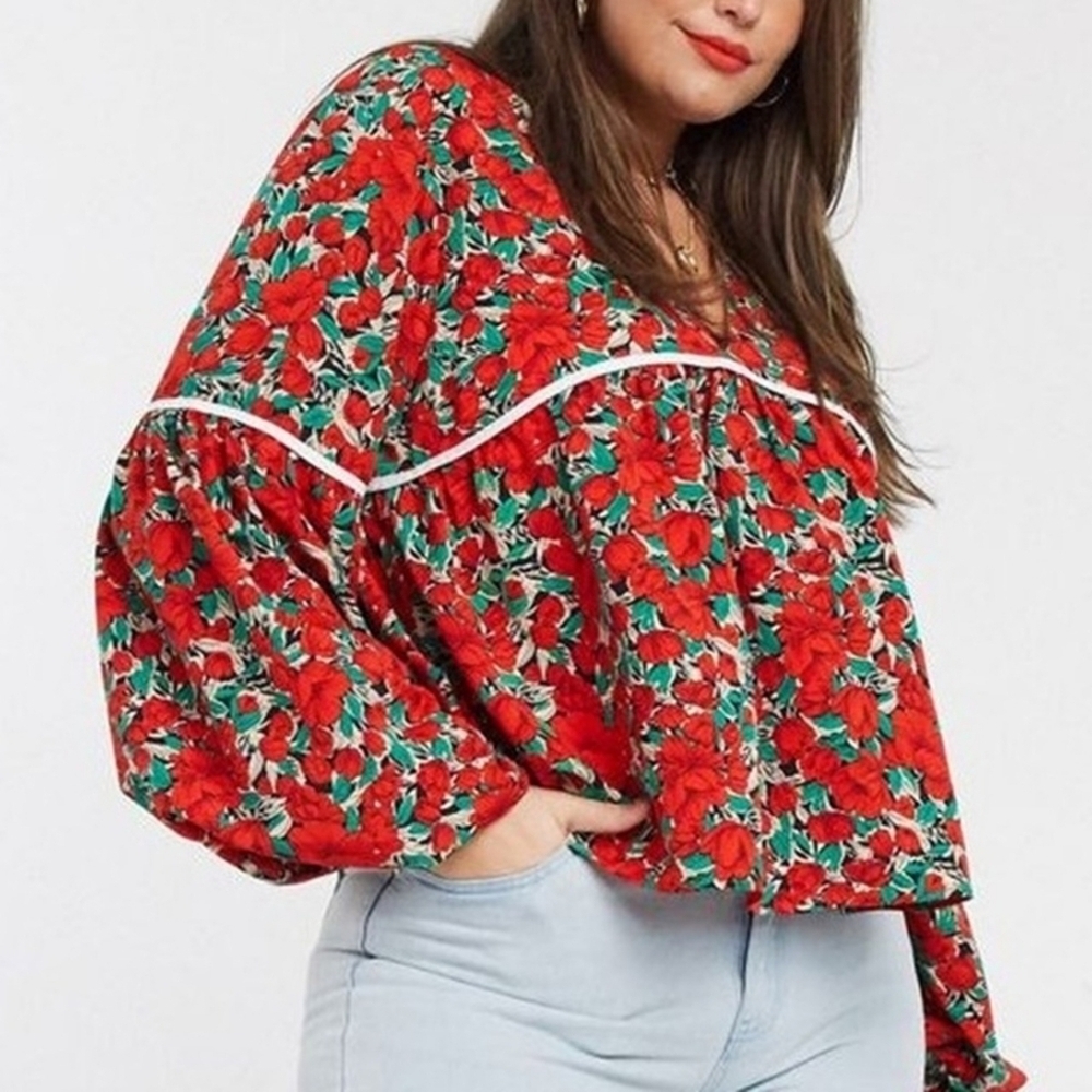 Lost Ink Red Floral Peplum Blouse White Piping Sz 12 L Romantic Femenine V-Neck